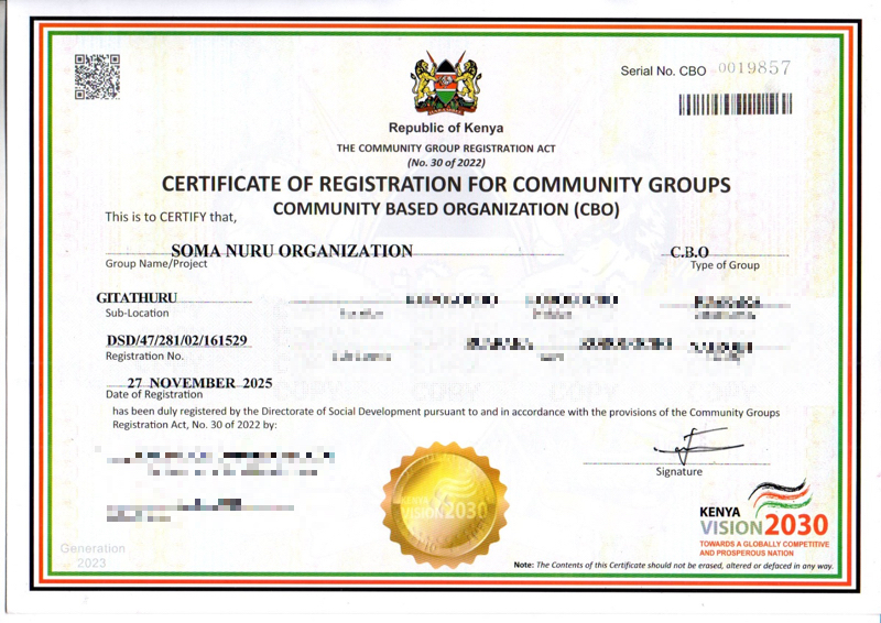 Soma Nuru Certificate of Registration for Community Groups